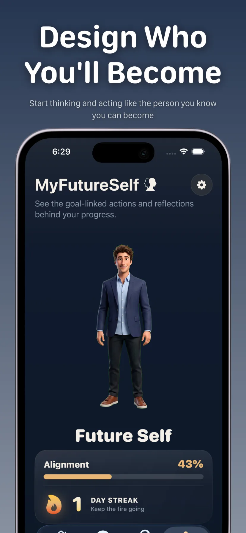 Design Who You'll Become: the Future Self screen with an avatar, a 43% alignment bar, and a day streak